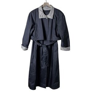 British Mist Womens Vintage Trench Coat Navy Blue Size 16 Gingham Trim Belted